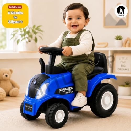 Image of Little Pup Kids Ride On Tractor Toy with Music & Horn, Steering Wheel, Comfortable Backrest, Wide Footrest & Sturdy Wheels for Boys & Girls (Blue)