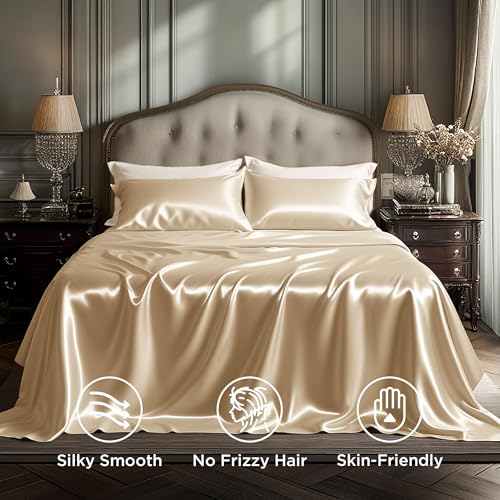 Image of Bedsure Satin Sheets Queen Size, Soft Silky Bedsheets for Hair & Skin | Similar to Silk Bed Sheets Set 4 Piece with 15 Inches Deep Pocket Fitted Sheet,1 Flat Sheet, 2 Satin Pillowcases