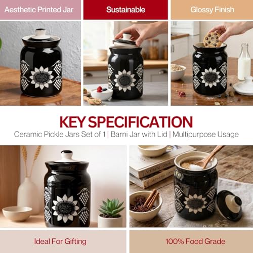 Image of Black Grapes Printed Ceramic Handglazed Pickle Jars Set of 1-1000 ML Each | 1 kg Achaar Martban Barni Jar with Lid | Ceramic Storage Jar Container Pickle, Chatney