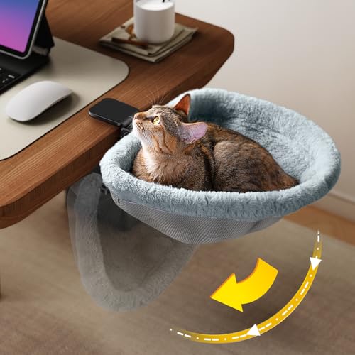 Cat Desk Bed - One-Click Folding,Sunken Design & Space-Saving Semi-Circular Cat Bed, Soft Faux Rabbit Fur Material, Suitable for Various Desktops-Maximum Hold Up to 40lb Faux Rabbit Fur Medi