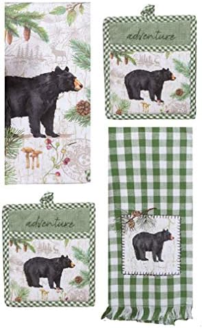 4 Piece Black Bear Pinecone Trails Kitchen Set, 1 Dual Purpose Towel, 1 Applique Towel and 2 Pocket Mitts