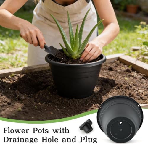 Image of RooTrimmer 15 Pack 11 Inch Plant Pots with Drainage Holes,Black Plastic Flower Pots with Hanging Holes,Durable Planters for Indoor & Outdoor Plants,Nursery Pots
