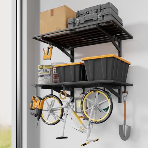 Jusgym 2 Pack Heavy Duty Garage Wall Shelving with 8 Hooks, 2x3ft, 500lbs | Garage Shelving Wall Mounted, 9-Bar Square Tube, Metal Floating Shelves, Industrial Storage Rack for Bins, Tools, Bikes