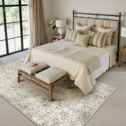 5x7 Area Rug Washable Vintage Neutral Living Room Carpet Large Indoor Non Slip Taupe Bedroom Distressed Low Pile Retro Accent Throw Rug for Dining Room