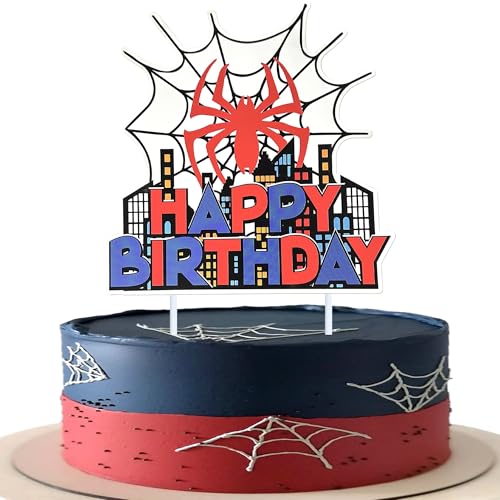 Rsstarxi 1 Pack Spider Happy Birthday Cake Topper City Glitter Spider Web Cake Pick for Baby Shower Boys Kids Birthday Party Cake Decorations Supplies