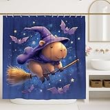 Halloween Capybara Duschvorhang, niedliches Hexen-Tier-Design, dunkelblau-violett, Badezimmer-Dekor, lustiger Herbst-Duschvorhang mit Haken, 183 x 248 cm