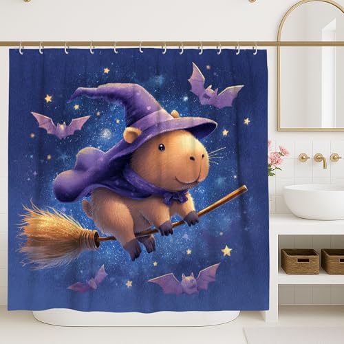 Halloween Capybara Duschvorhang, niedliches Hexen-Tier-Design, dunkelblau-violett, Badezimmer-Dekor, lustiger Herbst-Duschvorhang mit Haken, 183 x 248 cm