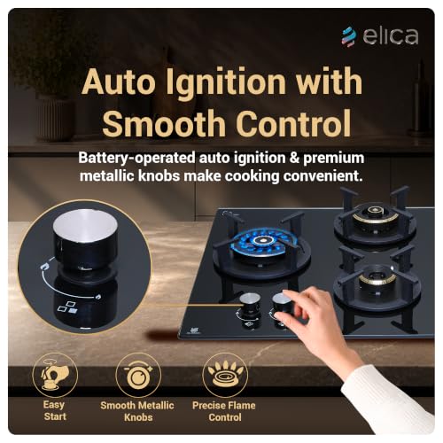 Image of Elica 70cm 4 Burner Auto Ignition Hob | RG FLEXI DFS AB 4B 70 TX | 8 mm Toughened Glass, Direct Vertical Flame Brass Burners, Fully Sealed Burner Design, 2Yr Comprehensive Warranty