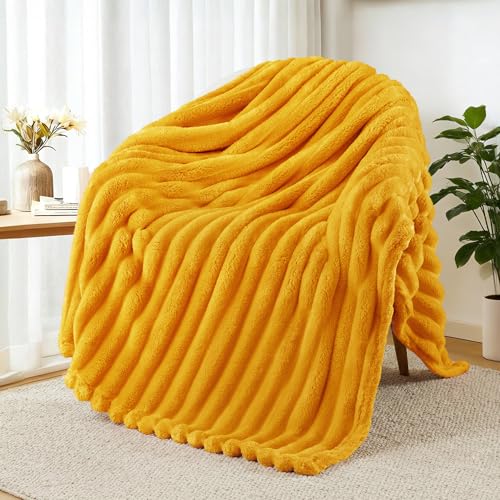 Exclusivo Mezcla Soft Striped Fleece Blanket Yellow Fluffy Sofa Bed Throw