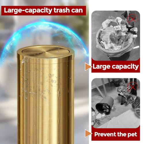 Image of Gold Trash Can, 8 Gallon Trash can with lid,Large Capacity FILP lid Kitchen Trash can for Bathroom,Shopping mall,Elevator gate,Airport, Hotel,Commercial (Gold)