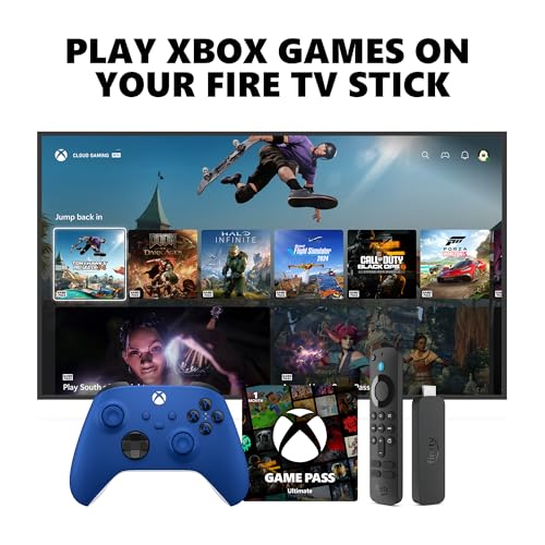 Xbox Wireless Controller (2025) Shock Blue + Fire TV Stick 4K (newest model) Game Pass Ultimate 1 Month Bundle - Play Games on Multiple Devices