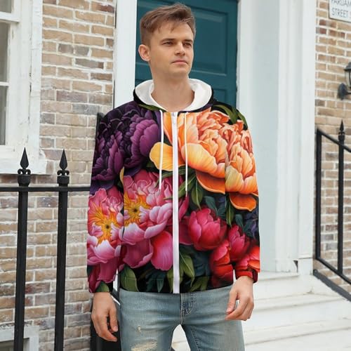 Colorful Peony Flowers Men's Zip Up Hoodie Lightweight Soft Hooded Sweatshirts Casual Jacket Coat3