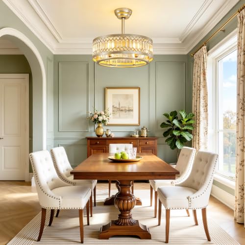 Image of 20 inch Gold Crystal Caged Ceiling Fan with Light, Modern Industrial Chandelier with Remote, 6 Speeds, Noiseless DC Motor, Enclosed Fandelier for Living Room Bedroom Nursery