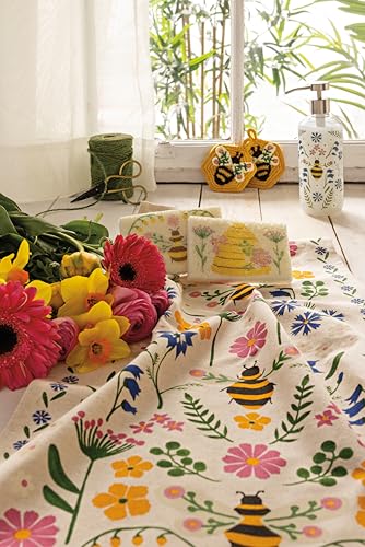 Image of Now Designs Bee Garden Dishtowel, 18x28in, Cotton-Linen Blend, Folk Art-Inspired Kitchen Towel with Bees and Wildflowers