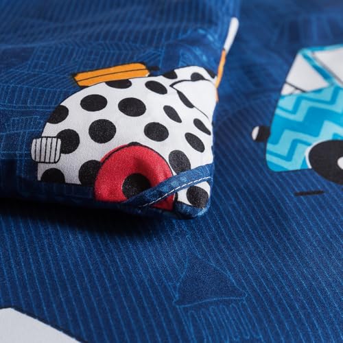 Image of Caressma Navy Toddler Bedding Set, 4 Pieces Boys Comforter with Car Print | Microfiber Kids Comforter with Cars,Buses & Traffic Lights Pattern, Includes Comforter, Fitted Sheet, Flat Sheet & Pillowcase