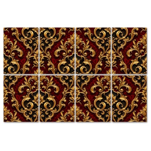 8 Pack Art Acoustic Panels Sound Absorbing Golden Baroque Damask Ornate Floral Scrollwork Black Red Decorative Soundproof Wall Panels Self Adhesive for Recording Studios Office 48"x32"