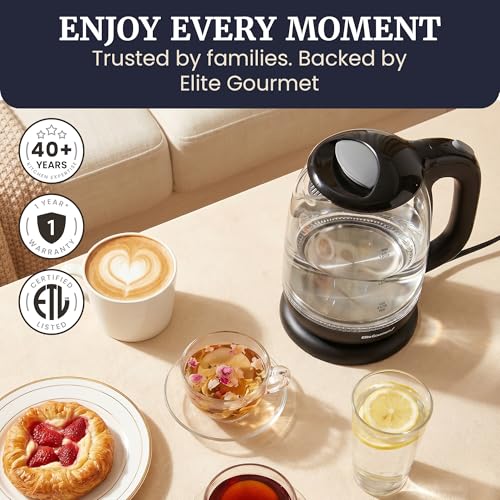 Image of Elite Gourmet EKT1792 1.7L Glass Electric Kettle, Blue LED, 7.2 Cups, Auto Shut-Off, Boil-Dry Protection, 360 Cordless Base, Rapid Boil, Hot Water for Tea Coffee Oatmeal