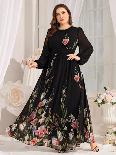 Image of Spring Summer 2024 Plus Size Womens Dresses V Neck Casual Elegant Long Sleeve Floral Print Maxi Dress