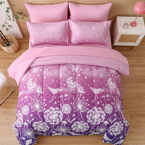 Image of Dinjoy Girls Comforter Set 7 Pieces, Queen Size Colorful Ombre Rainbow Bedding Set, Bed in A Bag for Kid Teen Girls (1 Comforter, 1 Flat Sheet, 1 Fitted Sheet, 2 Pillow Shams, 2 Pillowcases)