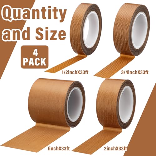 Image of Pangda 4 Rolls Multi-Sized PTFE Glass Cloth Tapes Set 1 /2'', 3 /4'', 1'', 2'' x 33 ft x 0.18mm High Temperature PTFE Fiberglass Adhesive Tape for Vacuum Sealer Machine Electrical