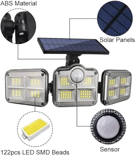 Image of Solar Motion Sensor LED Bright White Light Outdoor for Home Wall Room Balcony Garage Backyard Garden with 122 LEDs and 3 Adjustable Heads and Remote Control (Pack of 2)