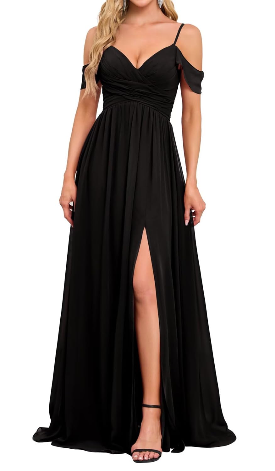 XSSX Cold Shoulder Bridesmaid Dresses Black for Women with Slit Pleated V Neck Chiffon Summer Maid of Honor Formal Gown UK8