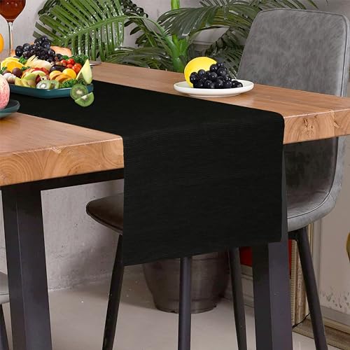 Image of HOME COLORS.IN Mixed Color Texture Ribbed Cotton Table Runner for Dining Table, Teapoy, TV Table, Coffee Table, Center Table - Modern Dining Room - Table Decor Runner - 14 x 52 Inch - Black
