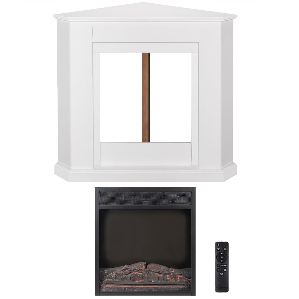 Bakaji Camino Elettrico Angolare con Cornice Legno Caminetto 2000W Completo di Mobile ad angolo, Silenzioso Design Moderno, Stufa a parete da Incasso con Led a 7 Colori (Zurigo)