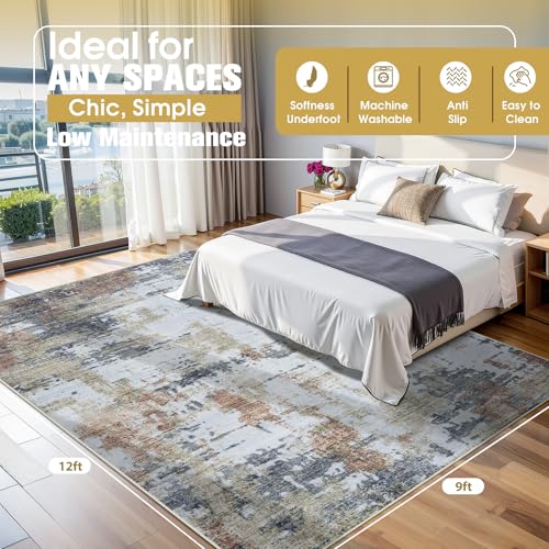 9x12 Area Rugs for Living Room Rug Washable: Abstract Large Rug for Dining Room Bedroom Carpet Non Slip 9 by 12 Indoor Modern Nursery Home Office Yellow Brown