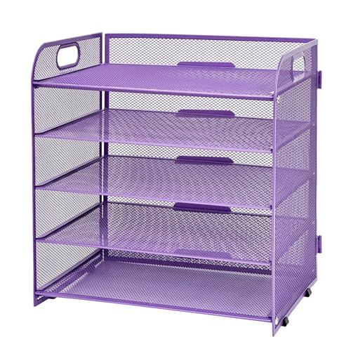 Hotyin Arquivos de secretária, 5 níveis bandeja organizadora, prateleiras de malha para arquivos com alça, organizador de arquivos para pastas de arquivo A4, roxo