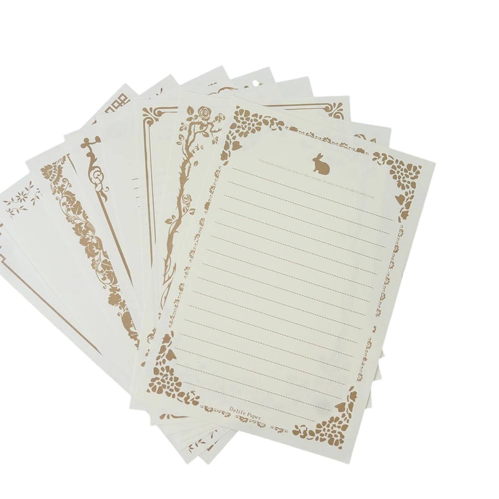 Rikyo 80 Sheets White Vintage Kraft Paper Stationery, A5 Size, 5 3/4 x 8 1/4 Inch, 8 Different Patterns, Golden-Lace, Writing Paper with Lines for