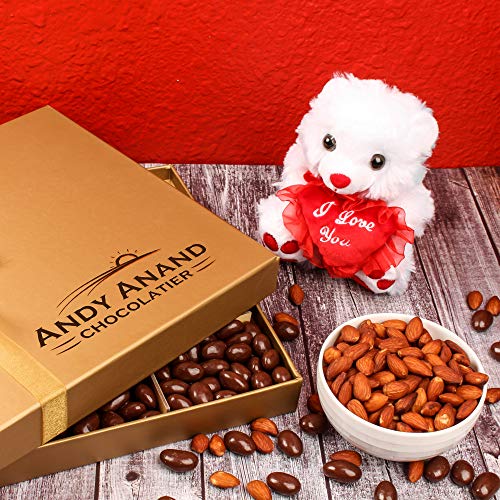 Gourmet Gift Basket, Plush I LOVE YOU Teddy Bear with Vegan Premium Almonds covered in Rich Dark Chocolate - 1 lbs., Best Gift for Romantic Lovers Corporate Gifts