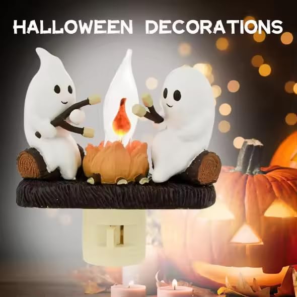 Image of Ghost Campfire Flickering Night Light, Ghosts Campfire Flicker Flame Halloween Nightlight, 3D LED Small Faux Campfire Night Light, Halloween NighGhost Campfire Flickering Night Light, White