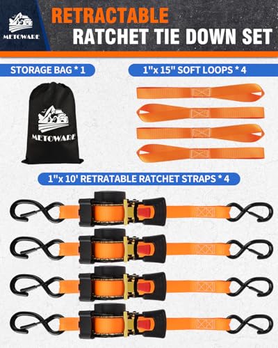 Image of METOWARE Retractable Ratchet Straps (4-Pack) - 1 inch x 10' (1500lb Break Strength) - Heavy Duty Auto Self Retracting Tie Down Straps for Truck, Trailer, Cargo Van, Motorcycle - Orange