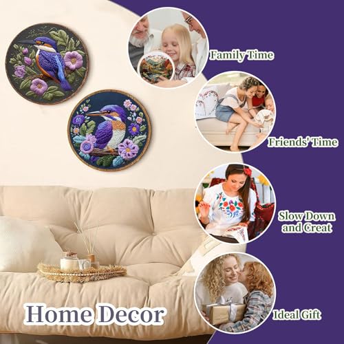 Image of FONNUY Embroidery Kit for Beginners, Birds with Flowers Pre-Stamped Pattern Kits for Adults with Hoop, Easy to Follow Color Thread Needlework, 8'' Hoop (Purple 1)