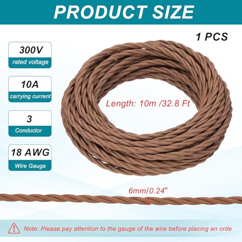 Image of LEDSone Brown 18 AWG Fabric Covered Electrical Wire 32.8ft 3 Conductor Twisted Cord 0.75mm Tinned Copper PVC Cable for Pendant Lights Chandeliers Lamp Rewiring DIY Indoor Projects