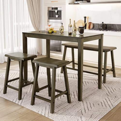 PHI VILLA Dining Table Set for 4, Counter Height Dining Table with 2 Chairs and 1 Bench, Solid Wood Table Sets for Farmhouse, Rustic Kitchen and Dining Room Table Set with Chairs, Smoky Brown