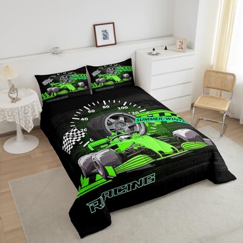 Image of Feelyou Kids Race Car Duvet Insert Queen Size, Green Racing Car Comforter Set Boys Girls for Karting Road Bedding Set Teens Bedroom Decor with 2 Pillow Case