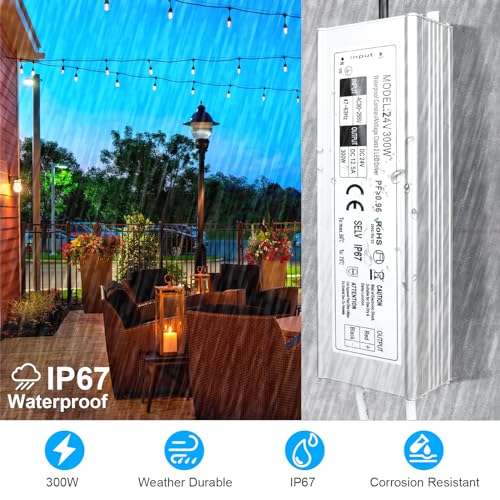 Image of LightingWill LED Driver 300 Watts Waterproof IP67 Power Supply Transformer, 110-260V AC to 24V DC Low Voltage Output, Adapter with 3-Prong Plug 3.3 Feet Cable for Outdoor Use, Computer Project