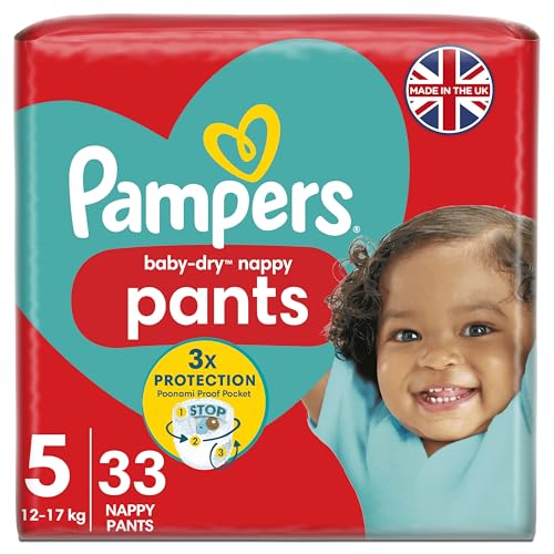 Pampers Baby-Dry Nappy Pants Size 5, 33 Nappies, 12kg-17kg, Essential Pack, 360° Fit To Help Prevent Gaps And Leaks