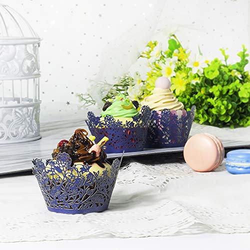 image for YOZATIA 60pcs Navy Blue Rose Lace Cupcake Wrappers Holders, Laser Cut 