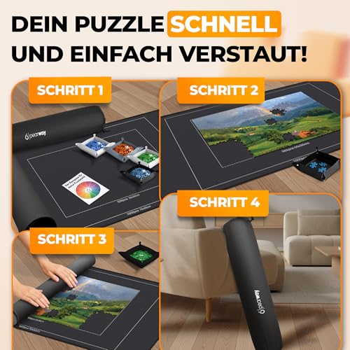 PEARWAY Puzzlematte 1000 Teile zum Aufrollen - inkl. Sortierschalen & sanft gleitender Oberfläche statt rauem Filz - Puzzle Matte - Puzzleunterlage - Puzzleteppich - Puzzlerolle - Puzzle Aufbewahrung