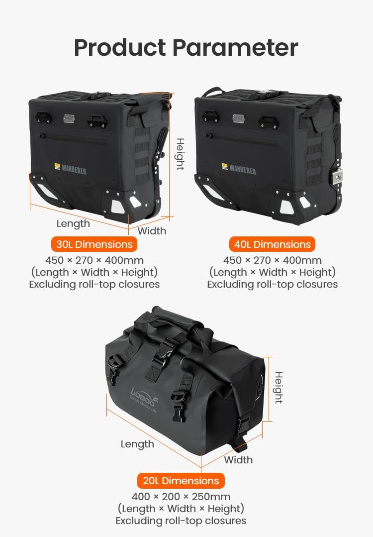 Loboo Motorcycle Waterproof Side Bag, Wanderer Side Bag Tpu Large Capacity Hard Shell Waterproof Saddle Bag Hanging Bag Quick Detachable Motorcycle Side Bag (30L+40L)