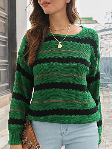 HUIOP Suéter listrado, Suéter feminino com gola O pulôver colorido casual,Suéteres soltos