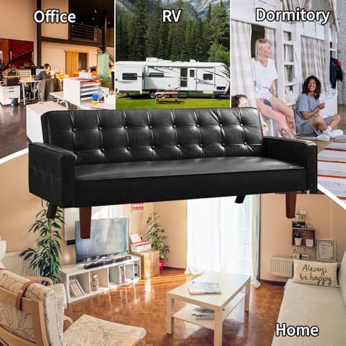 Image of Faux Leather Couch, Mid Century Modern Sofa with Memory Foam, Comfy 3 Seater Couch for Small Spaces, Living Room, Office, Black