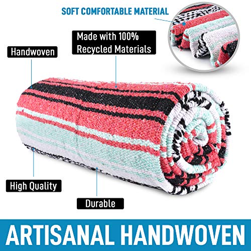 Handcrafted Mexican Blankets, Artisanal Handwoven Serape Blanket, Authentic Falsa Blanket, Great As Beach Blanket, Camping Blanket, Picnic Blanket, Outdoor Blanket, Boho Throw Blankets, Mint Coral