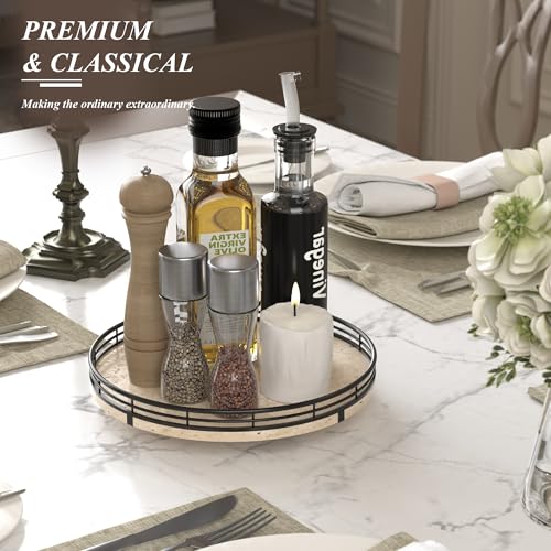 Image of Italian Natural Travertine Lazy Susan Turntable for Table Top - 10 inch Round Marble Tray Organizer for Bathroom, Vanity, Dining Table, Kitchen Countertop & Bar, Luxury Stone Serving Tray with Black Frame