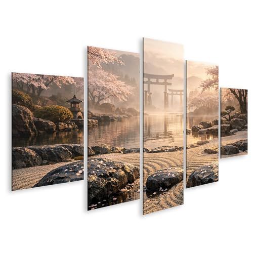 islandburner Tableau sur toile - Jardin japonais calme avec fleurs de cerisier et torii - 5 pièces