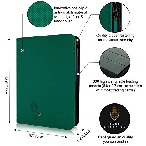 Card Guardian - 9 Pocket Premium Binder with Zipper for 360 Cards - Side Loading Pockets for Trading Card Games TCG (Green)