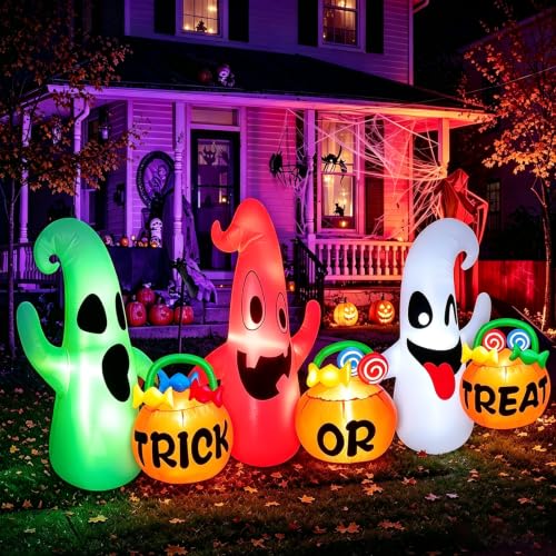 Image of 8 Ft Long Halloween Inflatable 3 Ghosts with Pumpkin Candy Bags Decoration